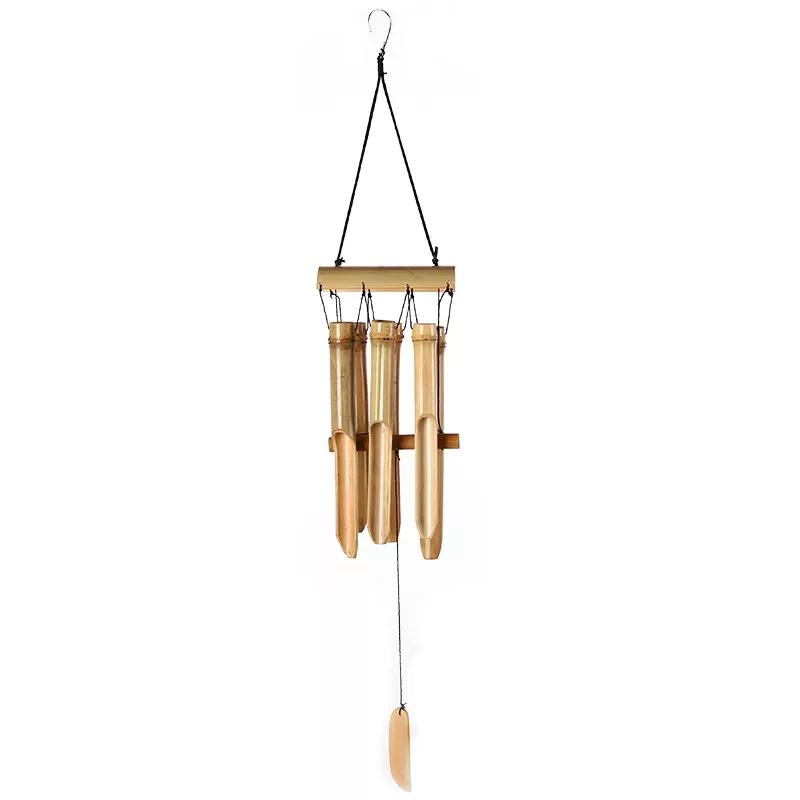 Bamboo wind chimes hanging on white background.