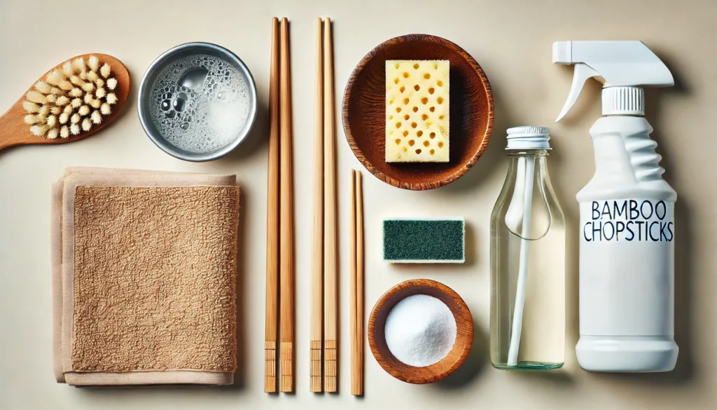 2 Cleaning materials for bamboo chopsticks, including dish soap, sponge, baking soda, and vinegar