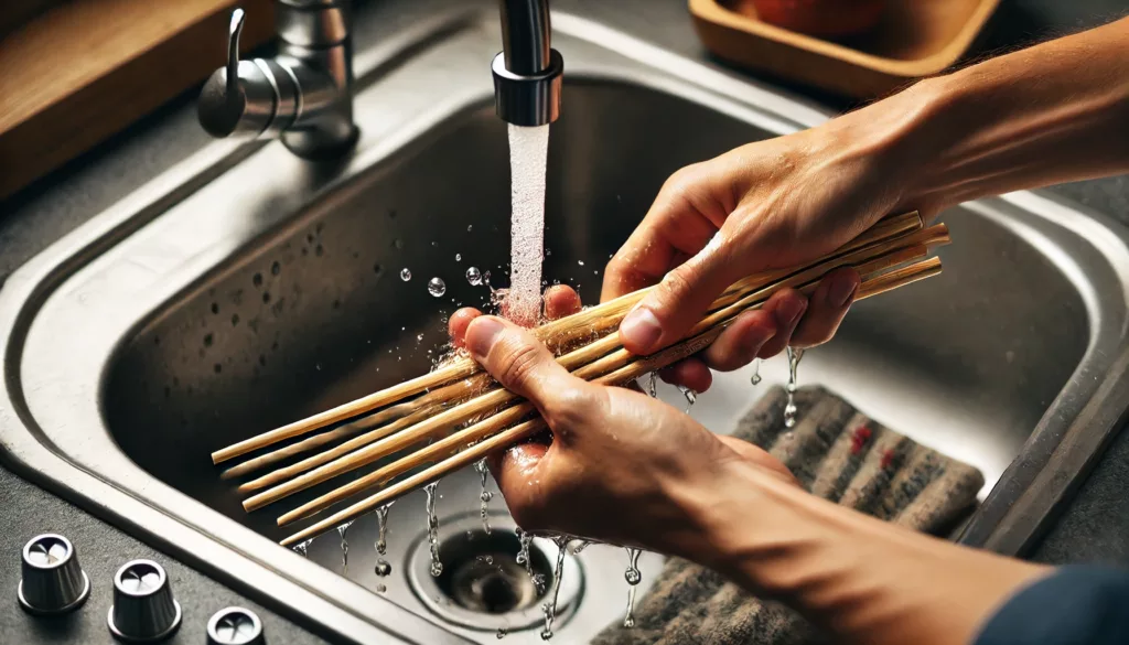 3 Rinsing bamboo chopsticks under warm running water to remove food residue.