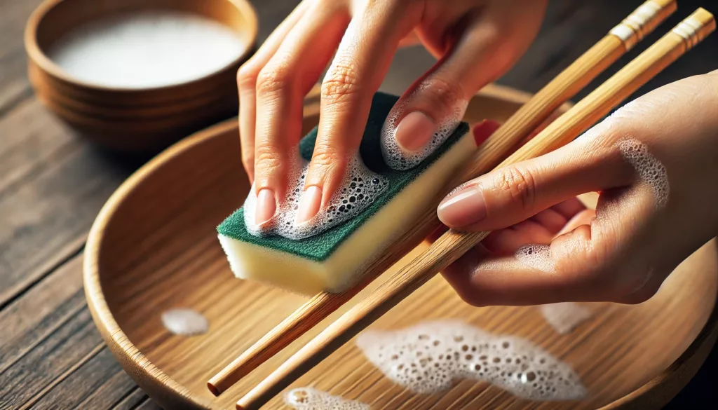 4 Gently scrubbing bamboo chopsticks with a soft sponge and mild dish soap