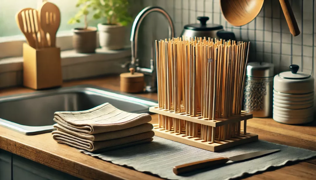 5 Bamboo chopsticks drying on a rack or towel after cleaning.