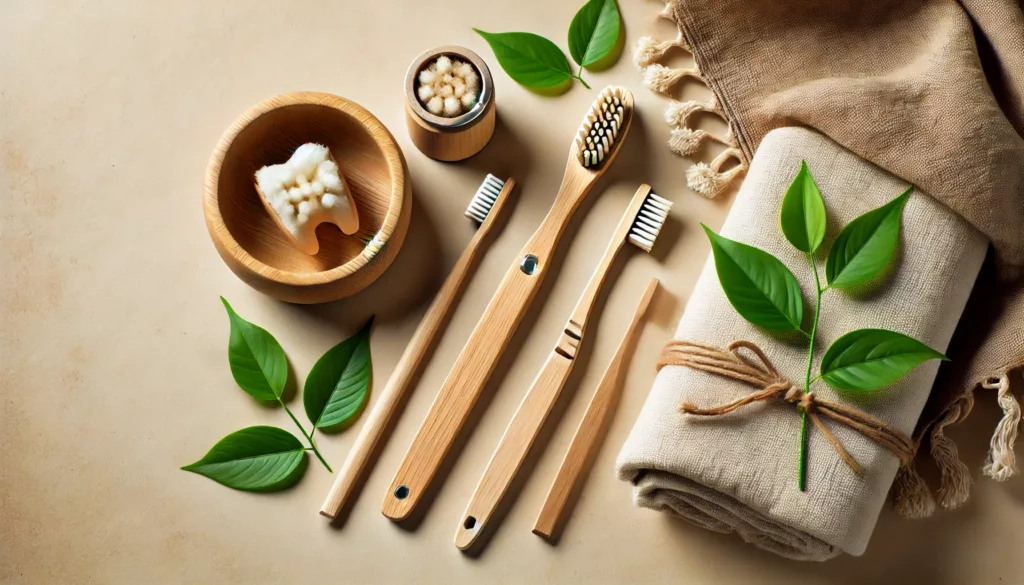A beautifully arranged bamboo toothbrush with natural elements (such as leaves, a wooden cup, or a cotton towel) on a neutral background.