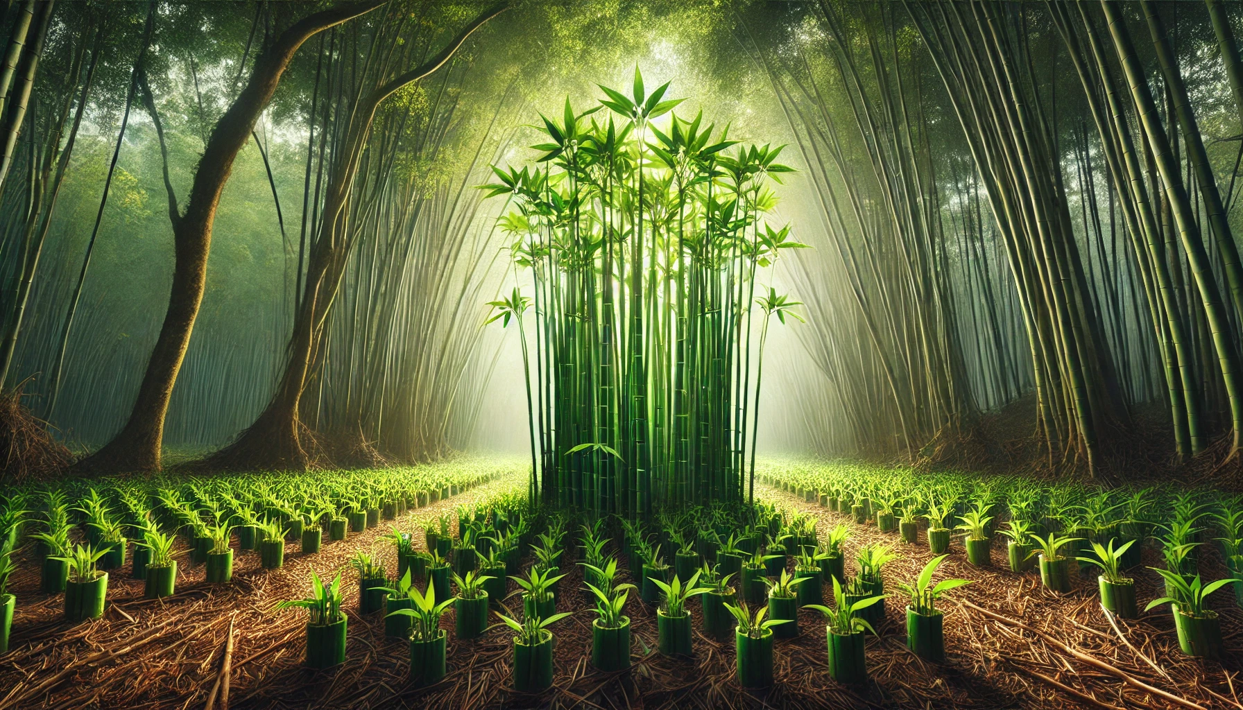 DALL·E 2025 02 21 10.42.10 A lush bamboo forest with vibrant green bamboo shoots growing naturally. The image should emphasize the sustainability and rapid regrowth of bamboo as A lush bamboo forest or a close-up of fresh bamboo shoots.