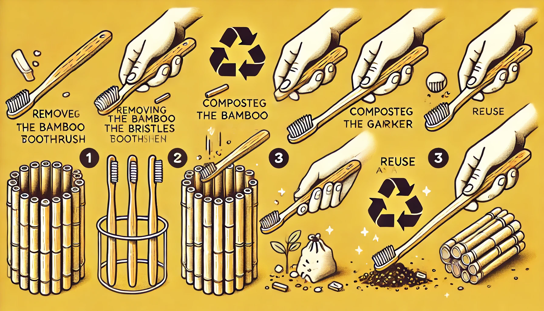 DALL·E 2025 02 21 10.42.12 A step by step visual guide on how to properly dispose of a bamboo toothbrush. The image should include removing the bristles composting the bamboo h Step-by-step visuals of removing the bristles, composting the handle, and reusing it for other purposes (e.g., as a garden marker).