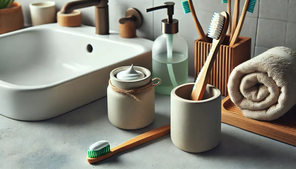 A bamboo toothbrush in a stylish bathroom setting (perhaps in a ceramic holder, next to an eco-friendly toothpaste jar).