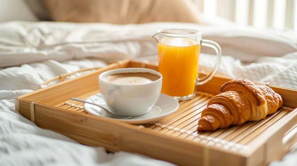 Bamboo Breakfast Tray on Hotel Bed Bamboo trays used to display handmade soap and candles in a boutique with natural lighting