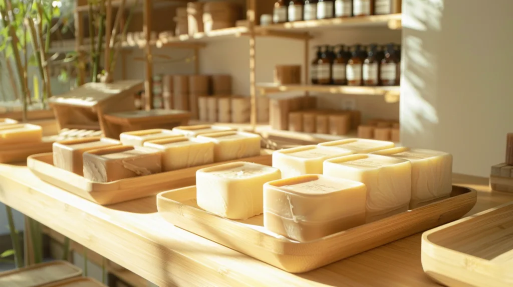 Bamboo Trays Displaying Handmade Products in Store A bamboo tray with coffee, juice, and croissant served on a cozy hotel bed with morning light