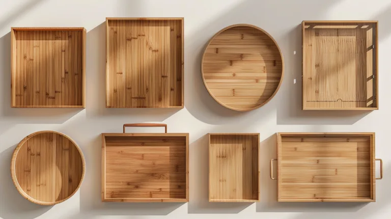 A top-down view of round, square, and rectangular bamboo trays arranged on a neutral background