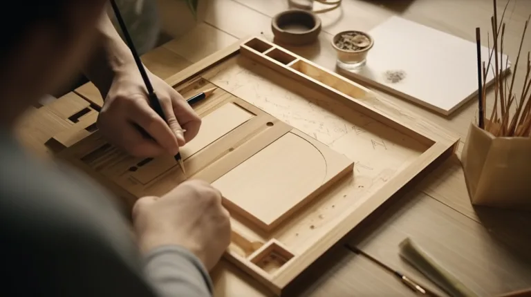 A top-down view of a designer sketching a bamboo tray concept on paper with bamboo samples and tools on a wooden desk
