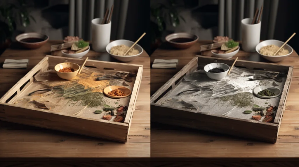 Bamboo vs Plastic – The Sustainable Choice A split-screen composition showing on the left a natural bamboo tray with eco-friendly food packaging, and on the right a pile of plastic packaging waste, high contrast in colors and emotions.