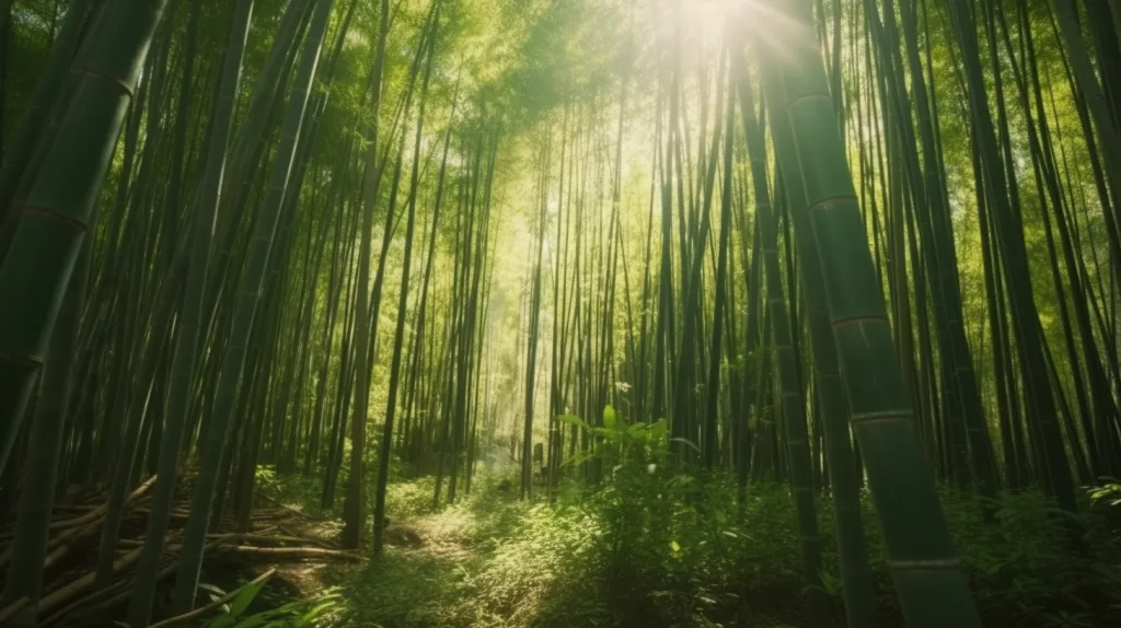 Bamboo – Natures Fast Growing Wonder A dense bamboo forest with sunlight streaming through the leaves, showcasing tall, green bamboo stalks, symbolizing rapid growth and sustainability.