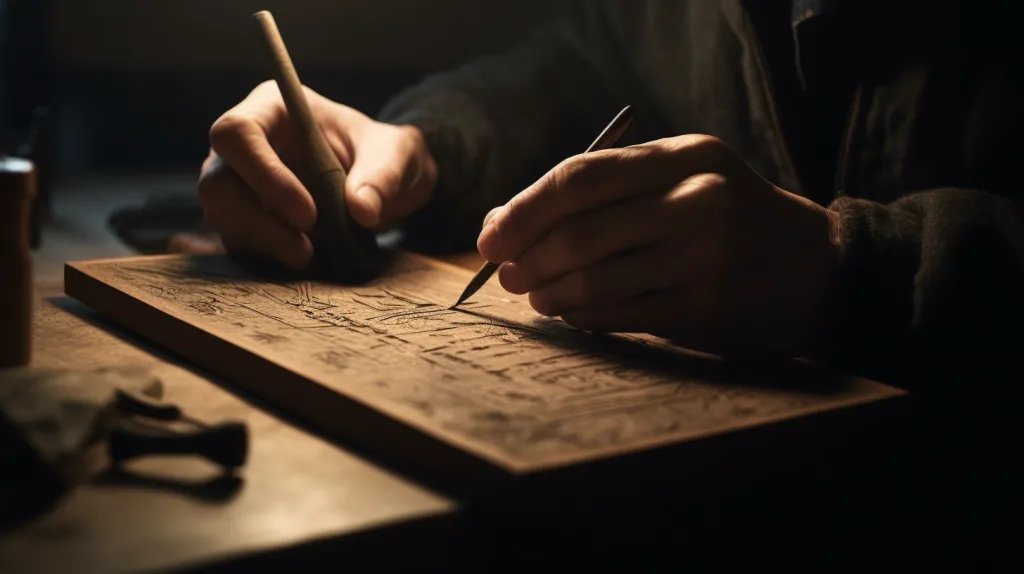 Engraving Logo on Bamboo Tray Prototype A close-up of a craftsman engraving a logo onto a bamboo tray prototype using hand tools in a workshop