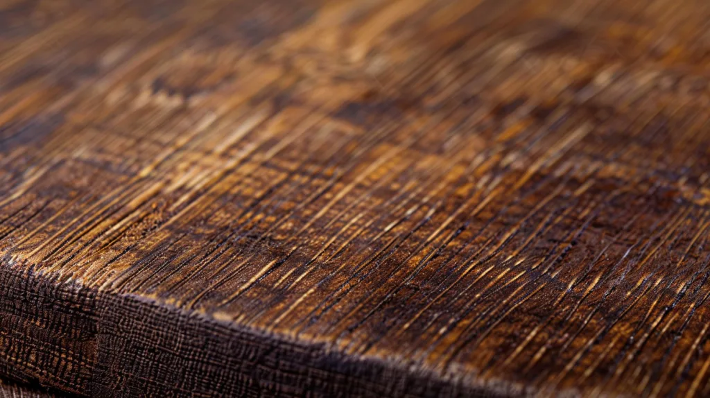 Carbonized Bamboo Tray Detail Close-up of a carbonized bamboo tray surface showing rich dark brown color, enhanced grain texture, and artisanal craftsmanship.