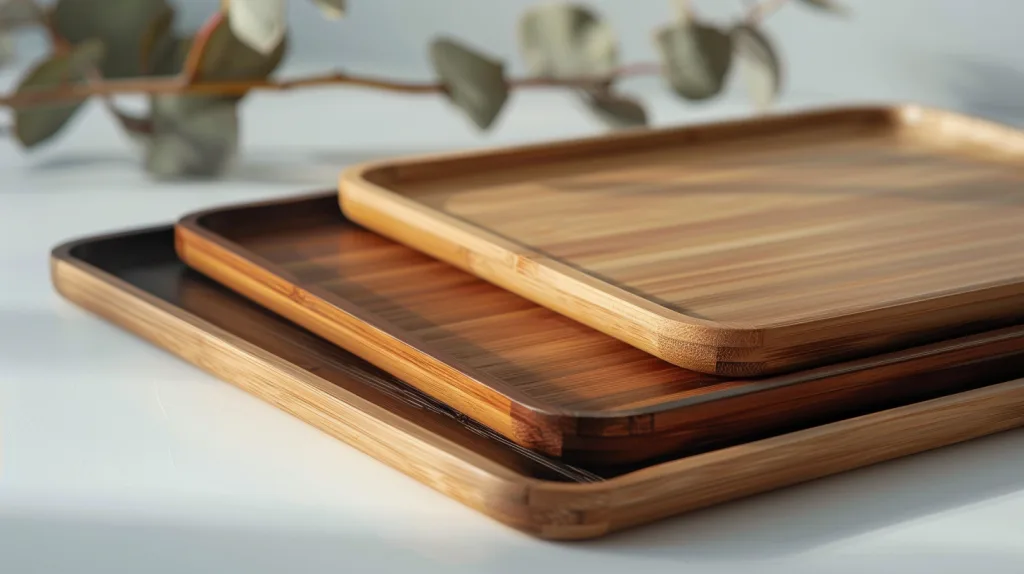 Custom Branded Bamboo Tray Finishes Modern bamboo serving trays with custom logos, color finishes, and branding elements displayed in a product studio setup.