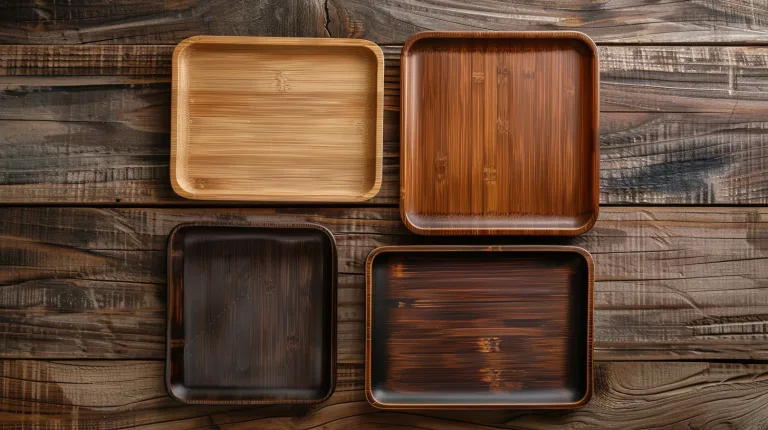 A top-down view of various bamboo serving trays with different finishes—glossy lacquer, natural matte oil, and carbonized tones—beautifully arranged on a wooden dining table.