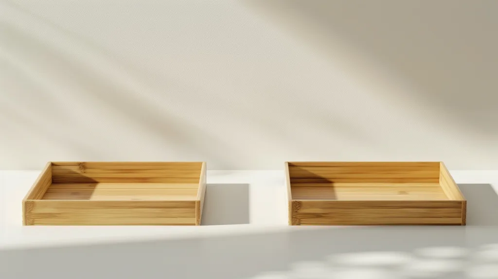Gloss vs. Matte Lacquer Bamboo Trays Side-by-side comparison of a high-gloss lacquer bamboo tray and a matte lacquer bamboo tray, showing the reflective differences under soft indoor lighting.