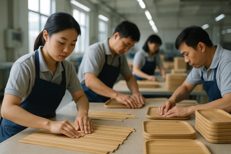Technicians sort moso bamboo slats and feed them into a hot press for tray production.