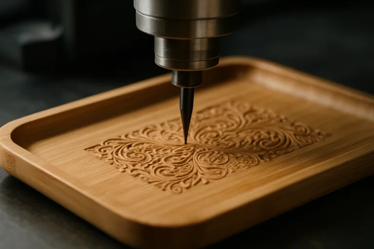 High-precision CNC machining creates detailed engravings and shapes on bamboo trays for consistent quality.