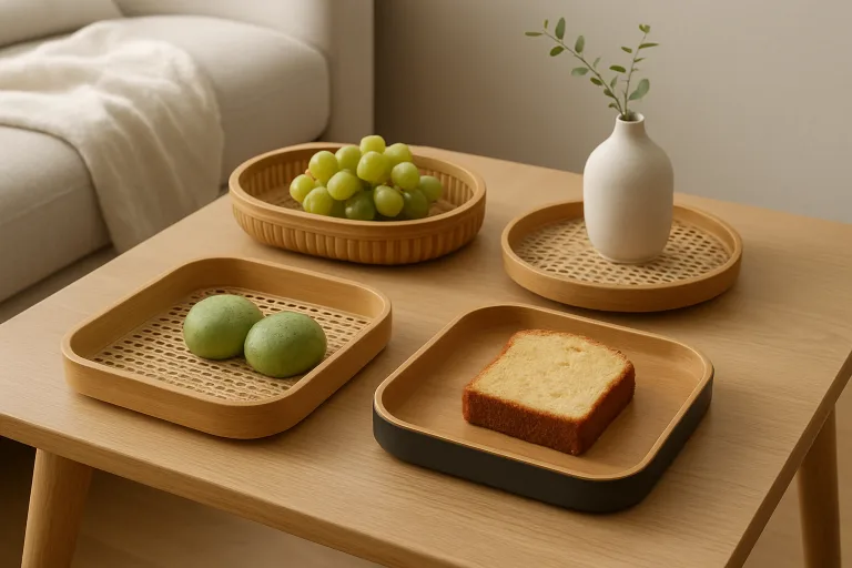 Assorted 2025 bamboo trays—Scandinavian, vintage, Japanese styles—displayed with breakfast and décor atop a light-wood table, ideal for gifting and hospitality inspiration.