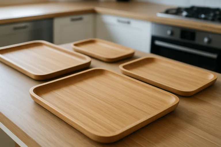 Premium bamboo trays after quality check, showing flawless finishes and environmental compliance in a contemporary kitchen context.