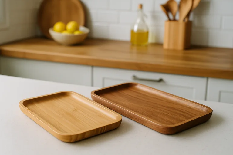 Comparison of bamboo and wooden trays in a home kitchen environment.
