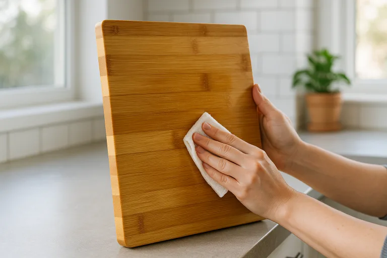 A user applies mineral oil to a bamboo board, highlighting after-care practices that keep boards smooth, sealed, and crack-free.