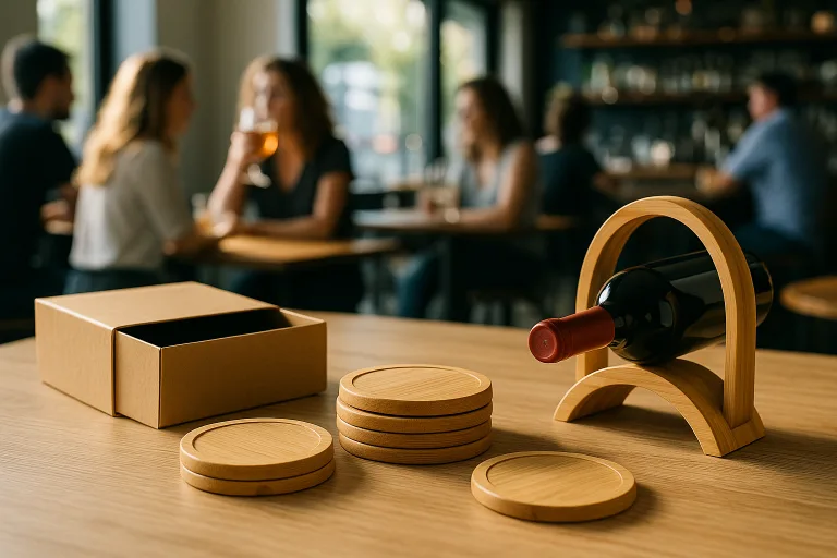 A styled café table with a set of bamboo coasters, visible anti-slip features, a matching wine rack, and premium retail/gifting packaging.