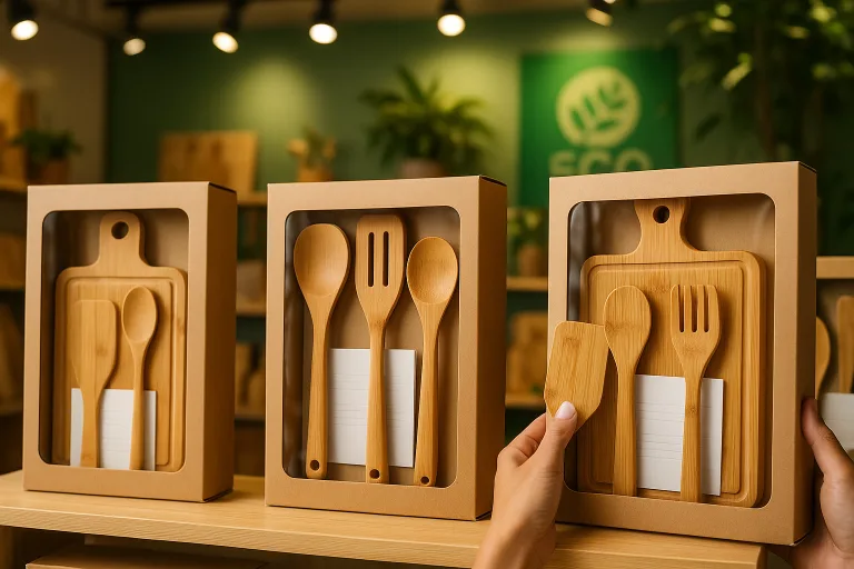 Attractive bamboo kitchen gift bundles in windowed packaging are displayed on retail shelves, with visible insert cards and spotlighting to showcase natural materials and craftsmanship.