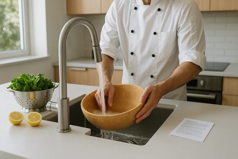 A chef carefully washes a bamboo salad bowl with mild soap, following care instructions. Immediate cleaning prevents stains from acidic foods and keeps the bowl food-safe.