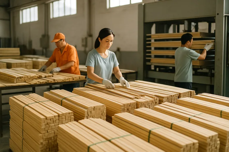 Factory personnel carefully sorting bamboo slats and preparing them for lamination. Sunlight illuminates a clean workspace filled with organized bamboo bundles, highlighting the precision required for sustainable wood sourcing.