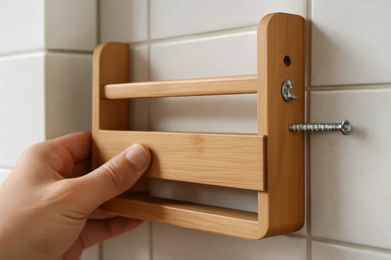 A hand aligns a bamboo spice rack on the wall, showing mounting hardware and surface finish for secure fit.