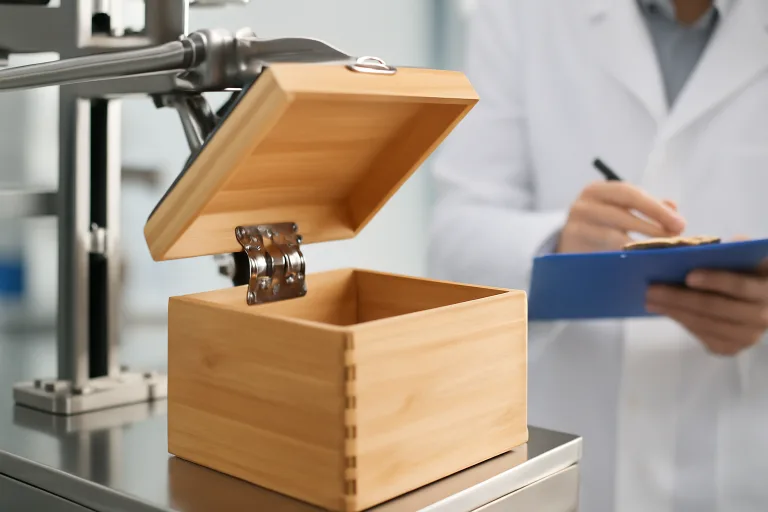 A life testing rig repeatedly moves the hinge on a bamboo storage box, while a technician verifies data for durability and finish integrity.