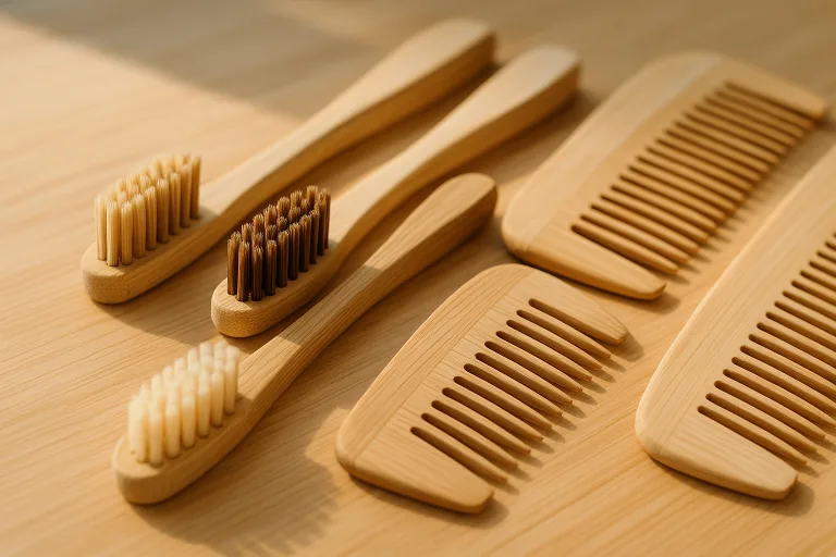 Detailed bamboo toothbrushes with varied bristles and textured combs set in a natural bathroom scene.