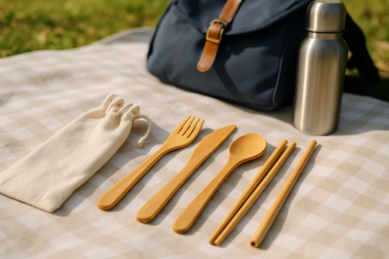 A bamboo cutlery set spread on a blanket, showing the full kit beside its fabric pouch, ready for a camping meal. Picnic and adventure gear in the background.