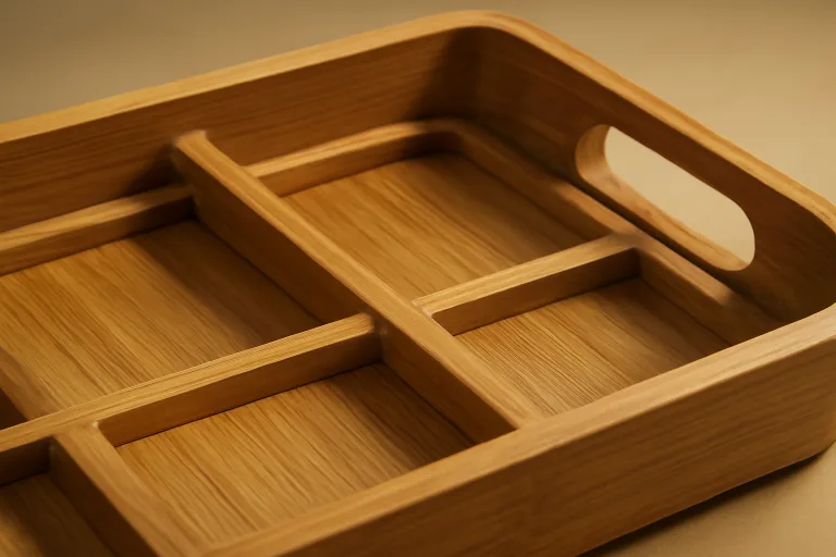 Detailed view revealing the rib structure, finger-jointed frame, and carved handle of a high-quality bamboo tray.