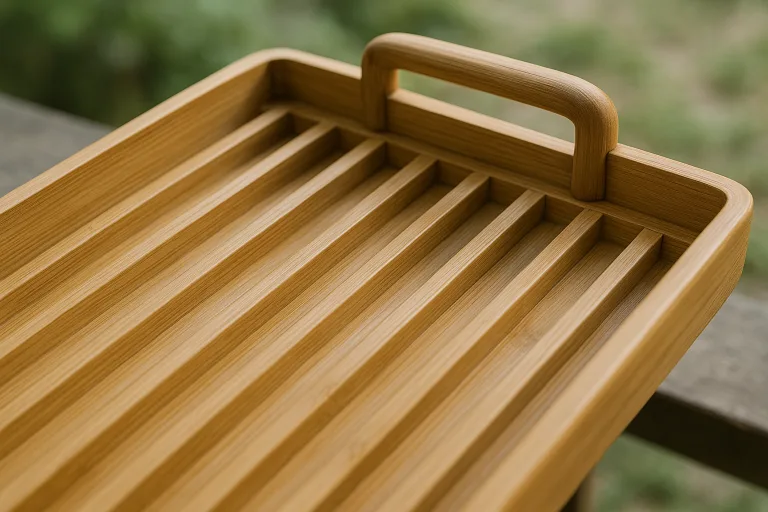 Detailed close-up of a bamboo tray's reinforced ribs and handle joinery, emphasizing structural design for optimal load support.