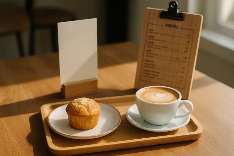 A well-set café table features a custom bamboo tray and menu holder with engraved logos, styled to highlight branding and product presentation under natural light.
