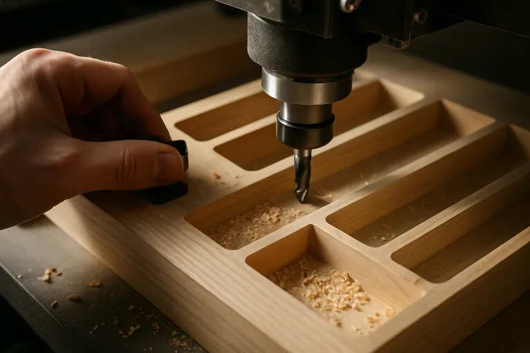 Displays CNC manufacturing detail, producing precise grooves and compartments for custom drawer dividers in wood.