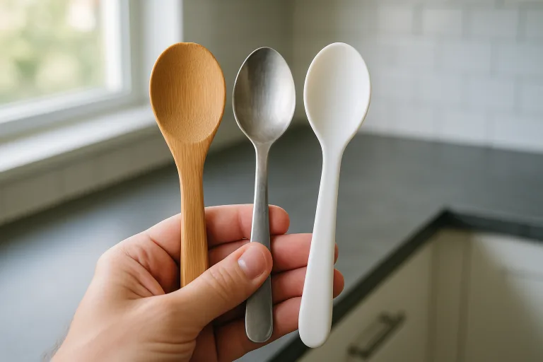 Hand displays bamboo, stainless steel, and plastic spoons for a visual side-by-side comparison in a well-lit kitchen.