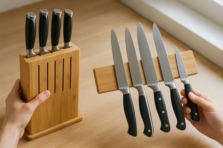 A clean kitchen countertop displays a bamboo knife block beside a wall-mounted bamboo magnetic strip, each holding a selection of kitchen knives. Sunlight reveals the detail and finish on both products.