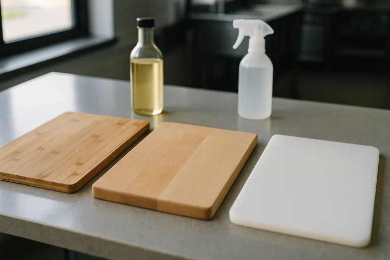 Maple, bamboo, and plastic boards demonstrate knife mark wear, with oils and cleaners ready for maintenance, under soft natural kitchen lighting.