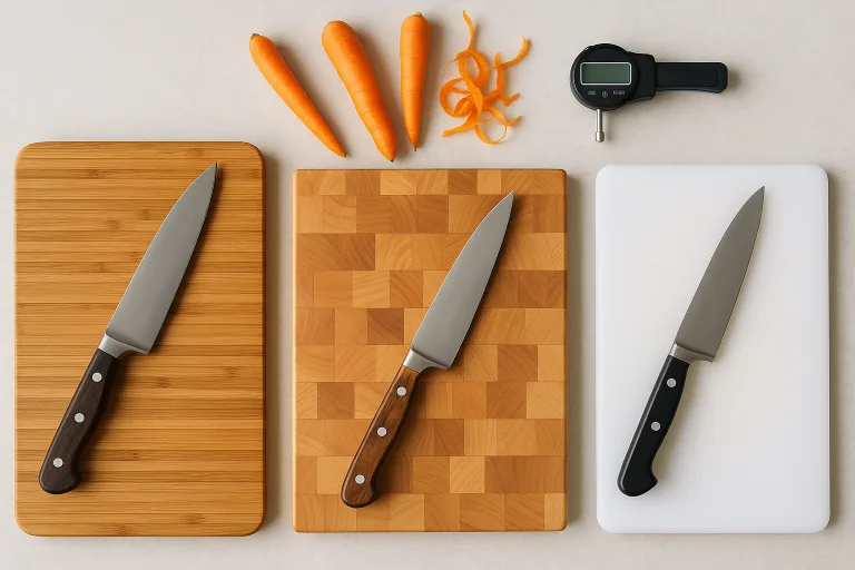 A clear photo-style scene showing bamboo, maple, and plastic boards laid out side-by-side with knives, carrots, and testing equipment for sharpness assessment.