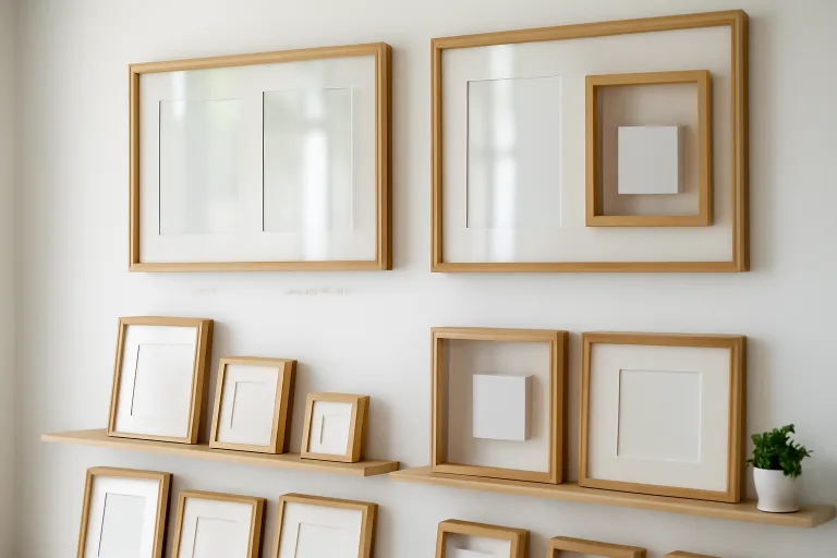 Retail showroom showcasing glass and acrylic frame fronts beside bamboo wooden frames and planogram displays for customer selection.