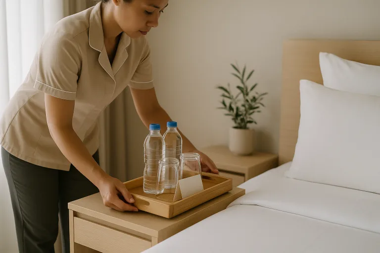 A housekeeping staff member carefully arranges a bamboo and oak wooden tray with glasses and welcome amenities on a bedside table, capturing the importance of high-quality wood amenities in guest rooms.