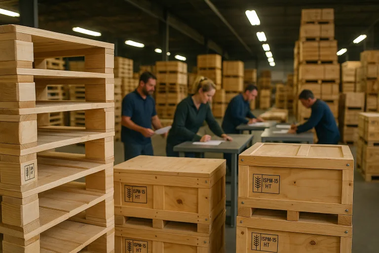 A realistic view of an export logistics warehouse showing wooden pallets and crates stamped with ISPM-15 marks, workers finalizing export paperwork, and efficient lighting—showcasing proper compliance before global shipping.
