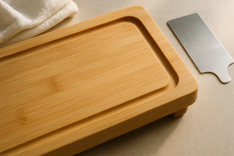 Detailed view of a juice groove on a bamboo cutting board after sanding, with tools for groove and feet repair alongside.