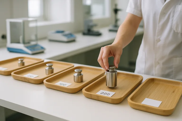 A controlled lab setup where a technician places weights on bamboo trays to assess their load limits.