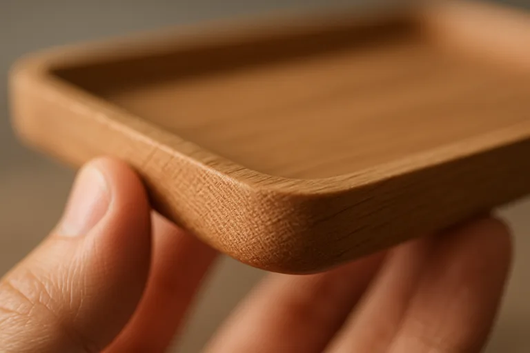 Detailed photo showing the tactile surface of wood; pores and edges are crisp, displaying manufacturing quality for buyers.