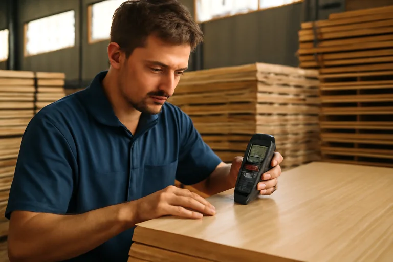 A technician uses a digital pinless moisture meter to check moisture content in a bamboo panel. Stacks of kiln-dried boards and factory equipment are visible behind, with natural light highlighting the work area.