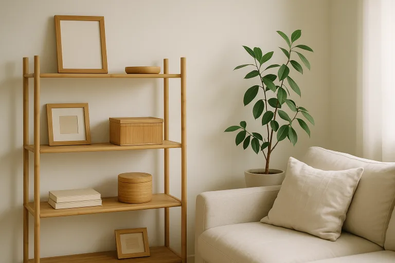 A welcoming, bright living room with Scandinavian bamboo shelves, neatly stacked bamboo storage boxes, and bamboo picture frames. Green plants and soft linens add warmth to the contemporary scene.
